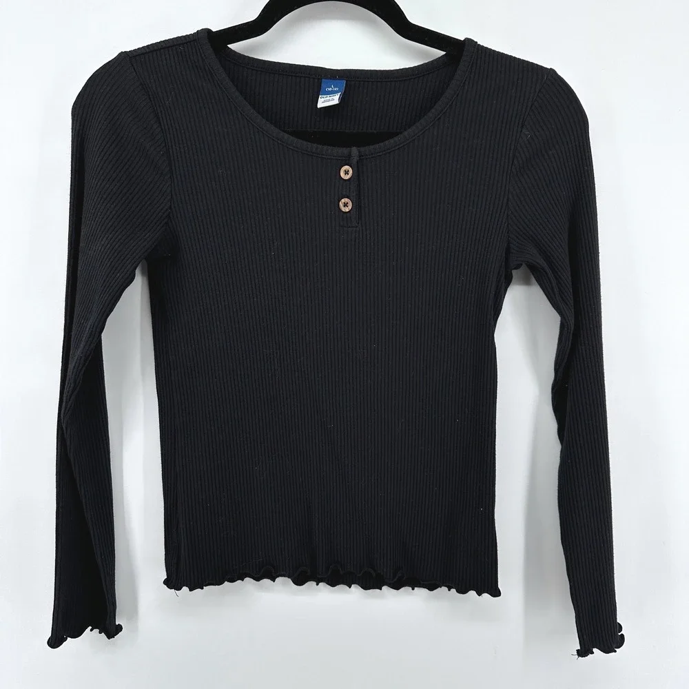 Old Navy Girls Black Ribbed Henley Long Sleeve Top Lettuce Hem Size L 10-12